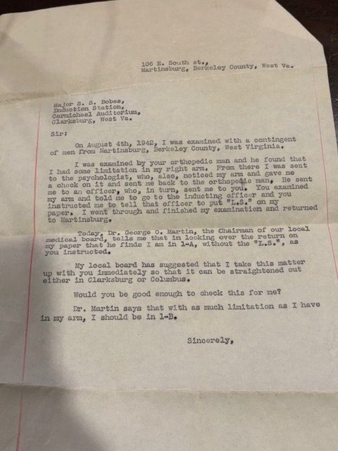 Letter to Induction Center – August 1942